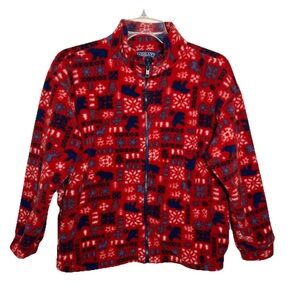 Lands End Youth Girls Size M 8/10 Red & Black Fair isle Snowflake Fleece Jacket